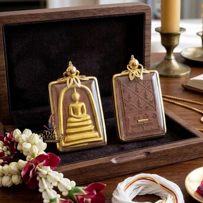 Authentic Phra Somdej Hun Duang Fortune Enhancer 2566 - Brown Buddha Powder Gold-Plated Prosperity Multiplier Amulet by Luang Pu Maen Thai Blessing Co By RURUECHA