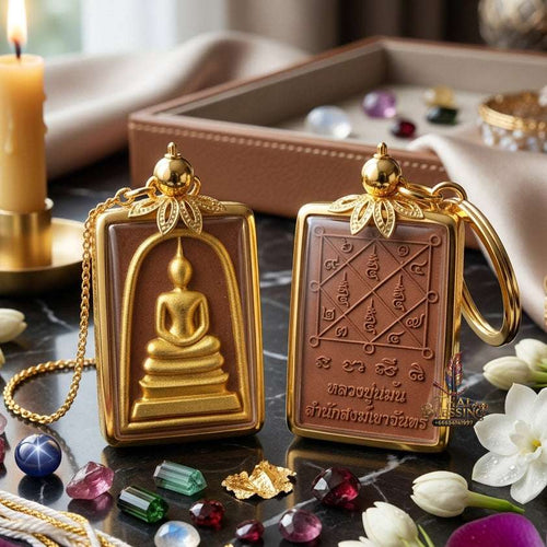 Authentic Phra Somdej Hun Duang Fortune Enhancer 2566 - Brown Buddha Powder Gold-Plated Prosperity Multiplier Amulet by Luang Pu Maen Thai Blessing Co By RURUECHA