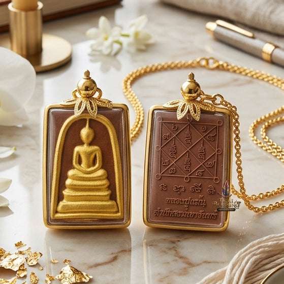 Authentic Phra Somdej Hun Duang Fortune Enhancer 2566 - Brown Buddha Powder Gold-Plated Prosperity Multiplier Amulet by Luang Pu Maen Thai Blessing Co By RURUECHA