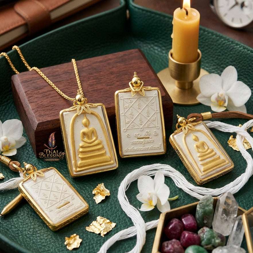 Authentic Phra Somdej Hun Duang Fortune Enhancer 2566 - White Buddha Powder Gold-Plated Prosperity Multiplier Amulet by Luang Pu Maen, Khao Chan Monastery Thai Blessing Co By RURUECHA