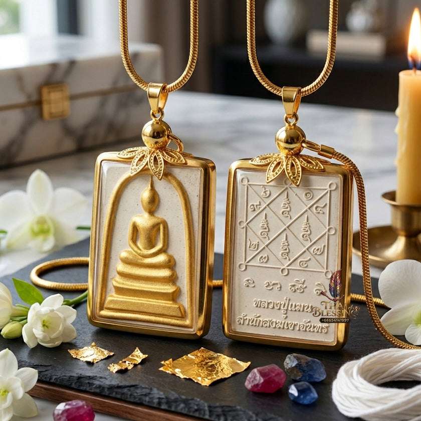 Authentic Phra Somdej Hun Duang Fortune Enhancer 2566 - White Buddha Powder Gold-Plated Prosperity Multiplier Amulet by Luang Pu Maen, Khao Chan Monastery Thai Blessing Co By RURUECHA