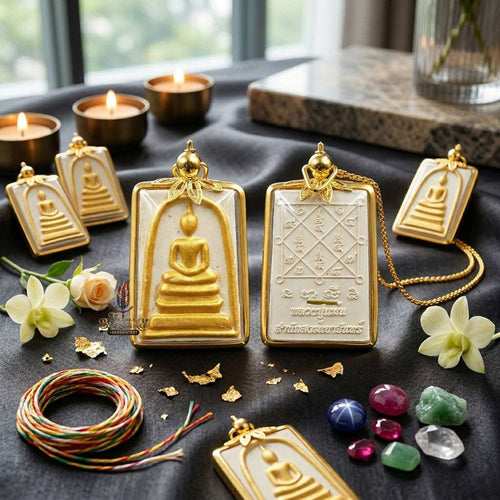 Authentic Phra Somdej Hun Duang Fortune Enhancer 2566 - White Buddha Powder Gold-Plated Prosperity Multiplier Amulet by Luang Pu Maen, Khao Chan Monastery Thai Blessing Co By RURUECHA