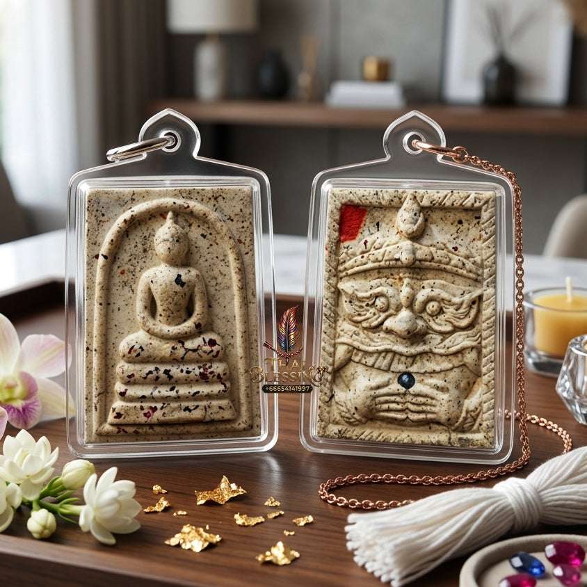 Authentic Phra Somdej Lang Rahu Wealth Protection Amulet 2557 - Sacred Buddha Powder Rahu Back Talisman by Luang Pu Key, Wat Sri Lam Yong Thai Blessing Co By RURUECHA