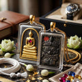 Authentic Phra Somdej Lang Rahu Wealth Protection Amulet 2557 - Sacred Palm Leaf Powder Gold-Plated Rahu Back Talisman by Luang Pu Key, Wat Sri Lam Yong Thai Blessing Co By RURUECHA