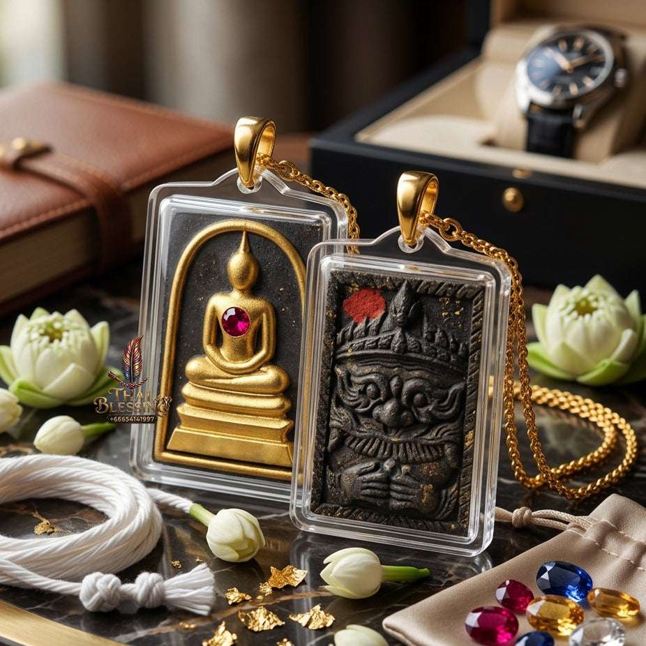 Authentic Phra Somdej Lang Rahu Wealth Protection Amulet 2557 - Sacred Palm Leaf Powder Gold-Plated Rahu Back Talisman by Luang Pu Key, Wat Sri Lam Yong Thai Blessing Co By RURUECHA