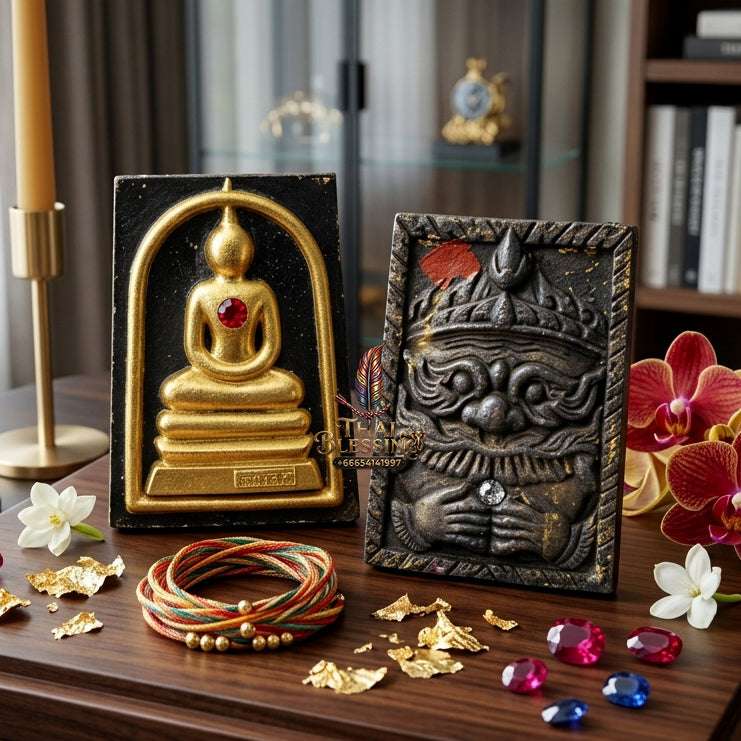Authentic Phra Somdej Lang Rahu Wealth Protection Amulet 2557 - Sacred Palm Leaf Powder Gold-Plated Rahu Back Talisman by Luang Pu Key, Wat Sri Lam Yong Thai Blessing Co By RURUECHA