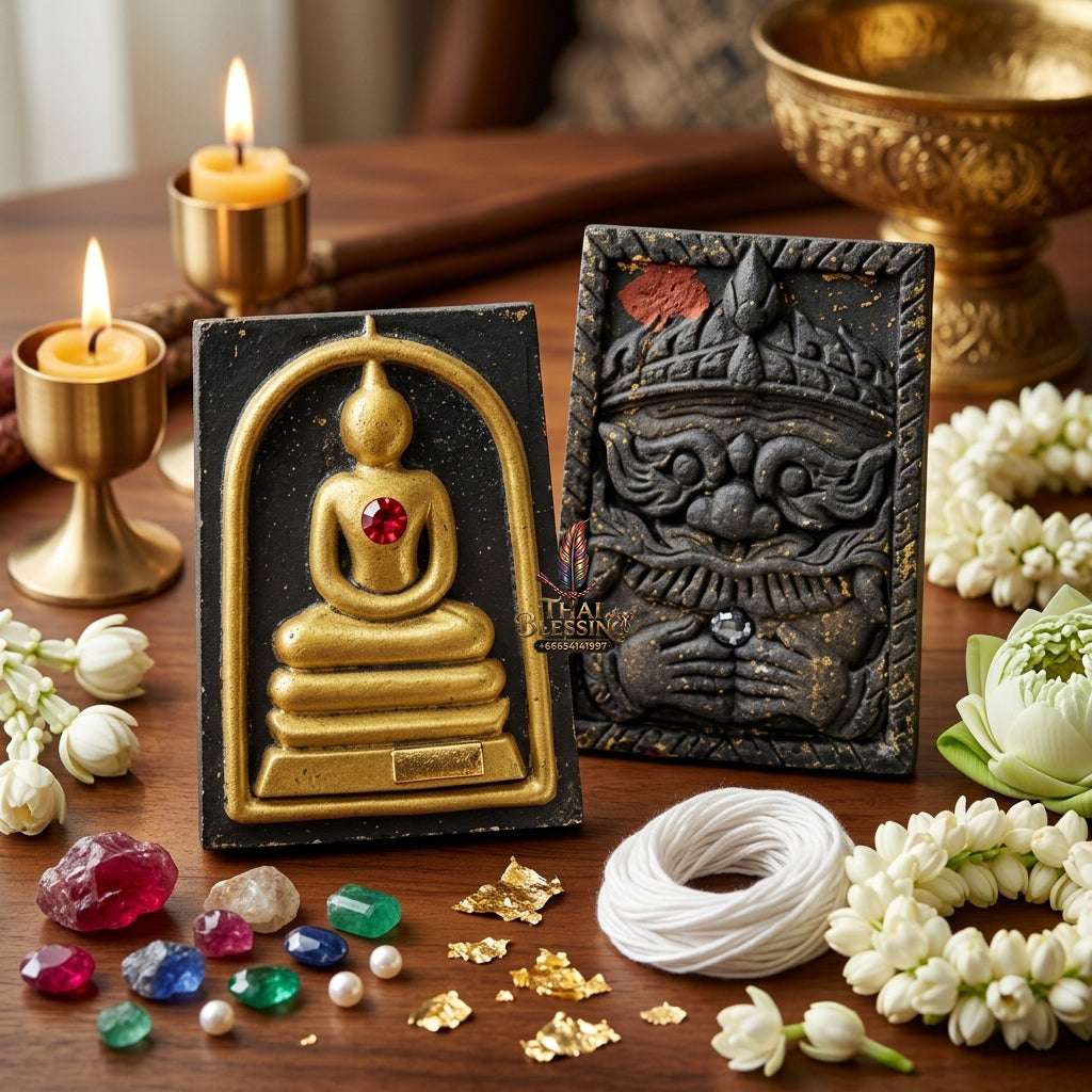 Authentic Phra Somdej Lang Rahu Wealth Protection Amulet 2557 - Sacred Palm Leaf Powder Gold-Plated Rahu Back Talisman by Luang Pu Key, Wat Sri Lam Yong Thai Blessing Co By RURUECHA
