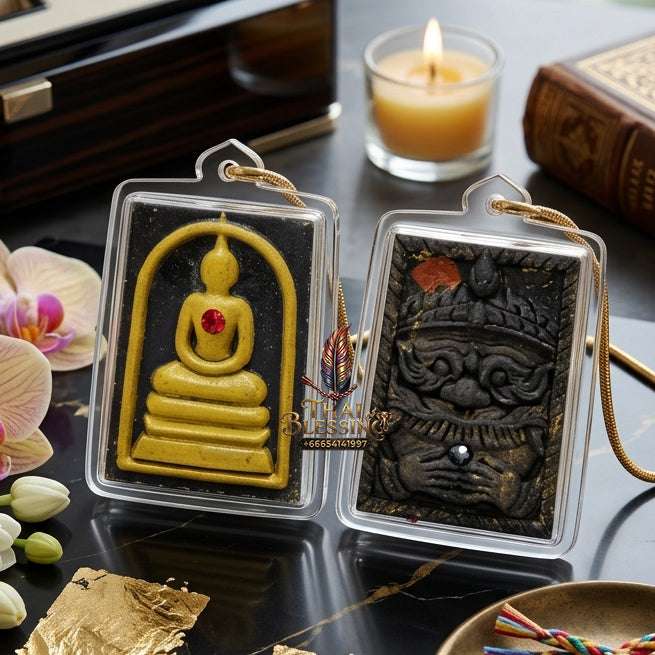 Authentic Phra Somdej Lang Rahu Wealth Protection Amulet 2557 - Sacred Palm Leaf Powder Gold-Plated Rahu Back Talisman by Luang Pu Key, Wat Sri Lam Yong Thai Blessing Co By RURUECHA