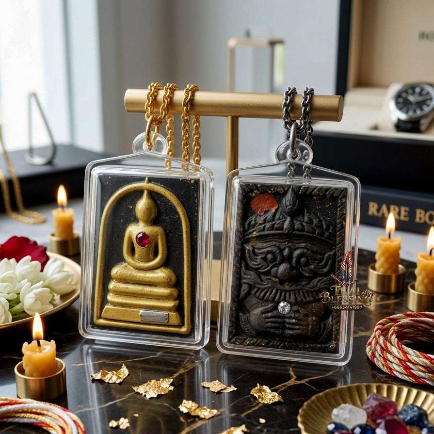 Authentic Phra Somdej Lang Rahu Wealth Protection Amulet 2557 - Sacred Palm Leaf Powder Gold-Plated Rahu Back Talisman by Luang Pu Key, Wat Sri Lam Yong Thai Blessing Co By RURUECHA