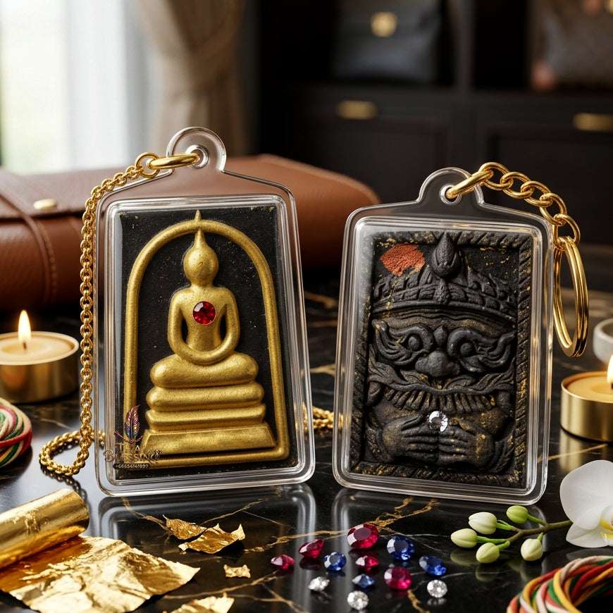 Authentic Phra Somdej Lang Rahu Wealth Protection Amulet 2557 - Sacred Palm Leaf Powder Gold-Plated Rahu Back Talisman by Luang Pu Key, Wat Sri Lam Yong Thai Blessing Co By RURUECHA