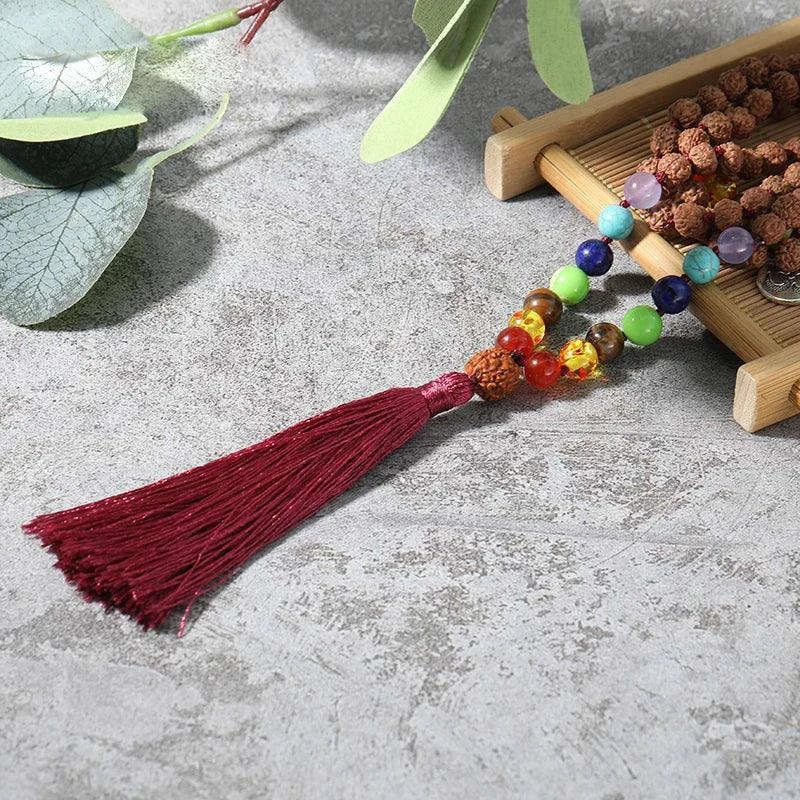 🕉️ Authentic Rudraksha & 7 Chakra Mala: 108 Bead Knotted Necklace with OM Pendant – Sacred "Tears of Shiva" Prayer Rosary for Meditation & Yoga