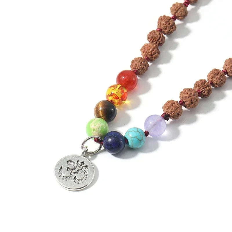 🕉️ Authentic Rudraksha & 7 Chakra Mala: 108 Bead Knotted Necklace with OM Pendant – Sacred "Tears of Shiva" Prayer Rosary for Meditation & Yoga