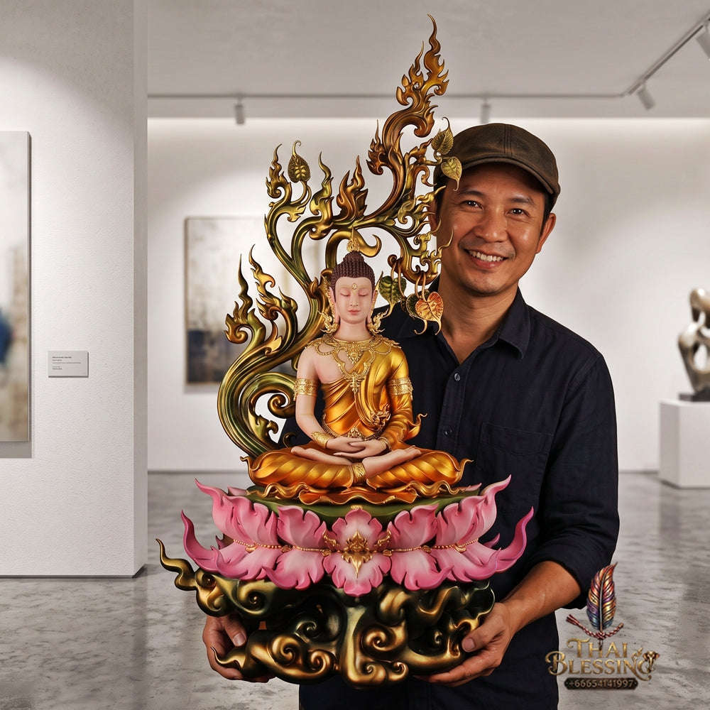 Authentic Sacred Grand Monumental Thai Fine Art Bronze Statue "Phra Phuttha Barami Bodhiyan" (80 cm High Monumental Altar Size - Excl. Marble Base) Thai Blessing Co By RURUECHA