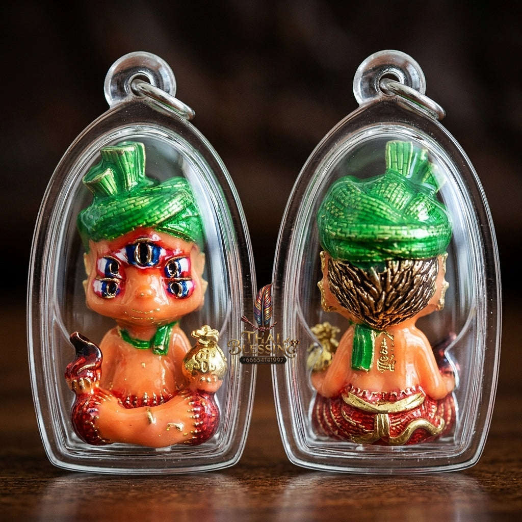 Authentic Sacred Lanna Si Hu Ha Ta Five-Ears Four-Eyes Wealth Transmutation Beast Amulet (Sacred Brass with Orange Enamel Body Edition) Thai Blessing Co By RURUECHA
