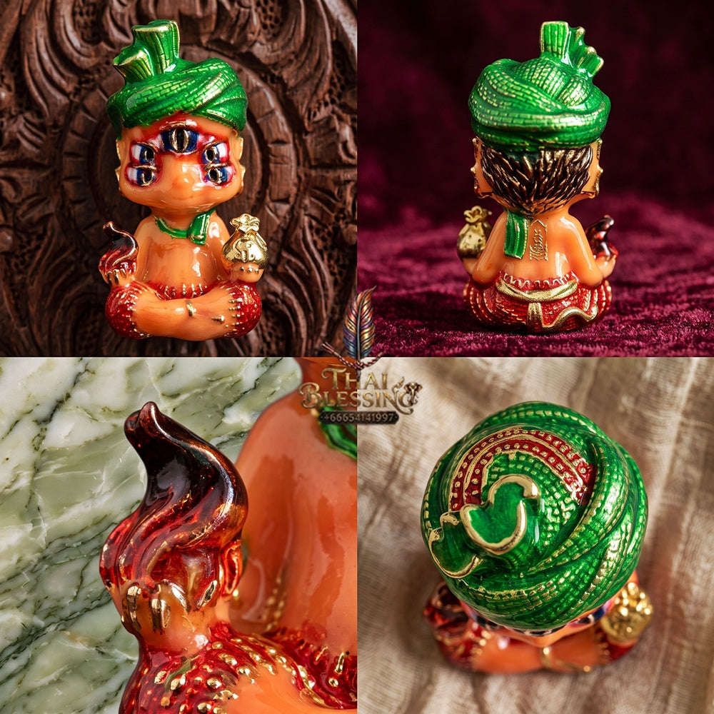 Authentic Sacred Lanna Si Hu Ha Ta Five-Ears Four-Eyes Wealth Transmutation Beast Amulet (Sacred Brass with Orange Enamel Body Edition) Thai Blessing Co By RURUECHA