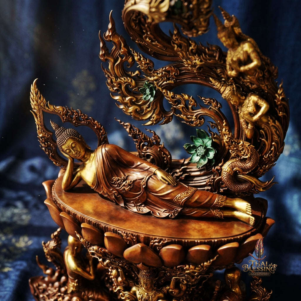 Authentic Sacred Large Reclining Buddha Altar Statue "Phra Caturaphit Barami Saiyat" 17 Inch / 44 cm (Honey Gold Sacred Bronze Edition) Thai Blessing Co By RURUECHA