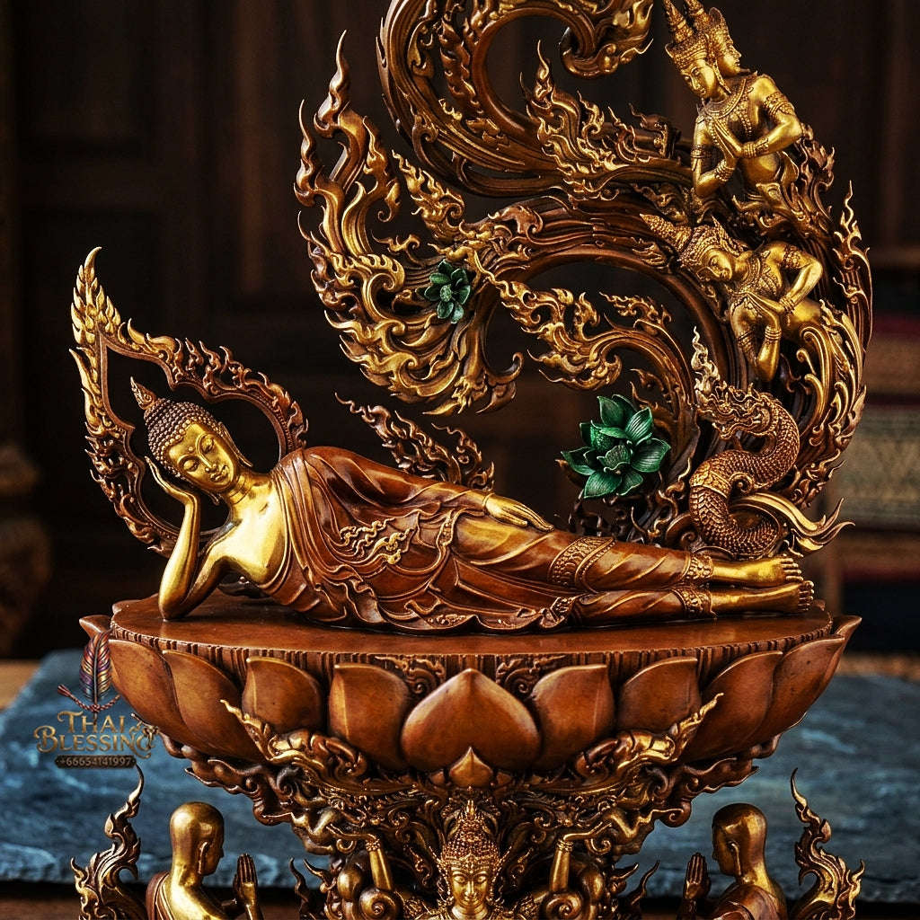 Authentic Sacred Large Reclining Buddha Altar Statue "Phra Caturaphit Barami Saiyat" 17 Inch / 44 cm (Honey Gold Sacred Bronze Edition) Thai Blessing Co By RURUECHA