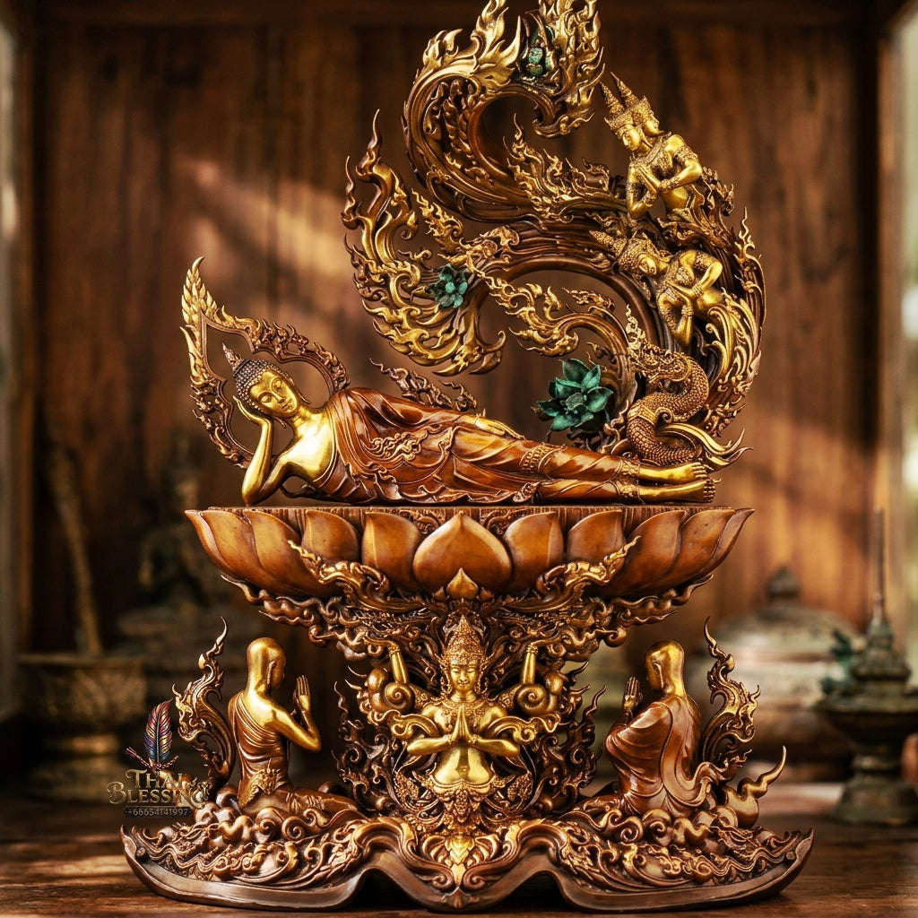 Authentic Sacred Large Reclining Buddha Altar Statue "Phra Caturaphit Barami Saiyat" 17 Inch / 44 cm (Honey Gold Sacred Bronze Edition) Thai Blessing Co By RURUECHA