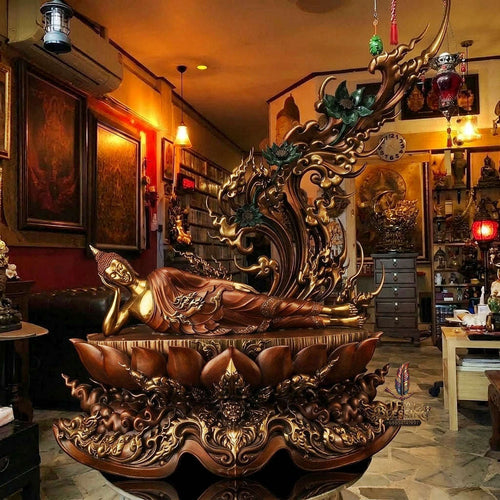 Authentic Sacred Monumental Thai Fine Art Bronze Statue "Phra Chaturaphit Barami Saiyat" (Reclining Buddha - 85 cm High / 56 kg Heavy Monumental Altar Size)