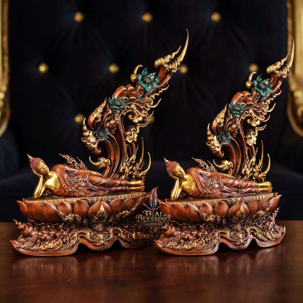 Authentic Sacred Monumental Thai Fine Art Bronze Statue "Phra Chaturaphit Barami Saiyat" (Reclining Buddha - 85 cm High / 56 kg Heavy Monumental Altar Size)