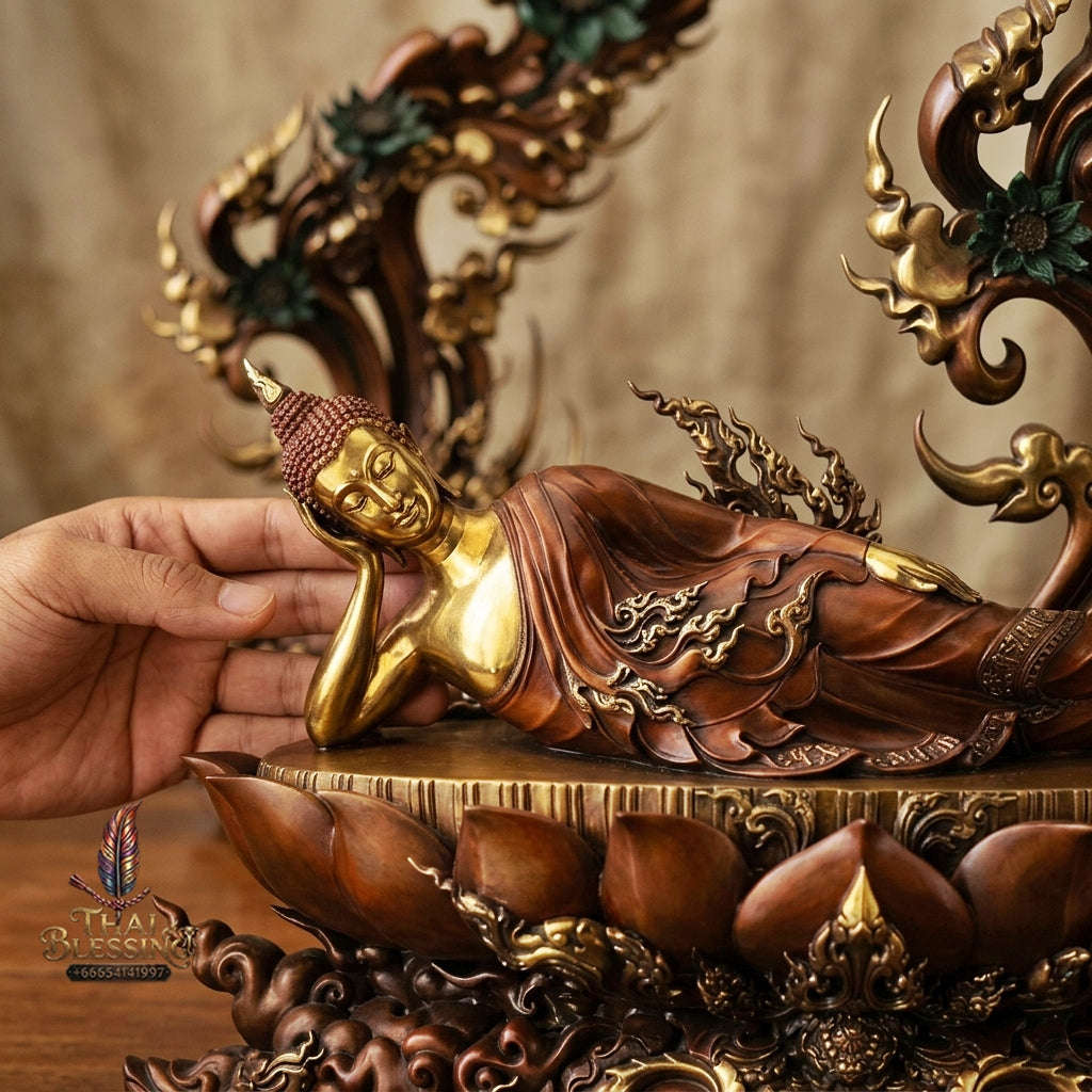 Authentic Sacred Monumental Thai Fine Art Bronze Statue "Phra Chaturaphit Barami Saiyat" (Reclining Buddha - 85 cm High / 56 kg Heavy Monumental Altar Size)
