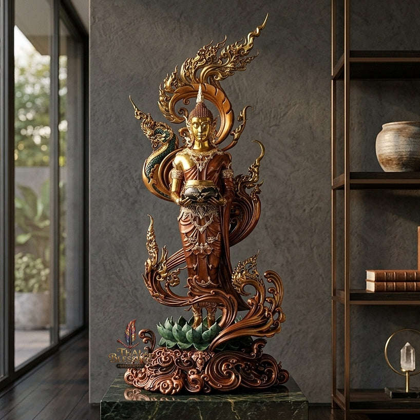 Authentic Sacred Museum-Grade Large Altar Statue "Phra Buddha Chariyawat Um Bat Prod Venai Yasat" (Standing Alms-Bowl Buddha Posture - 97 cm / 38 Inches with Genuine Marble Base) Thai Blessing Co By RURUECHA