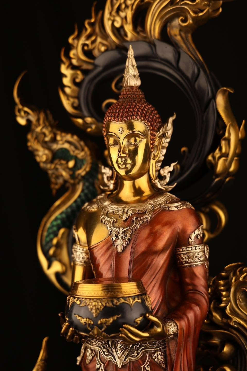 Authentic Sacred Museum-Grade Large Altar Statue "Phra Buddha Chariyawat Um Bat Prod Venai Yasat" (Standing Alms-Bowl Buddha Posture - 97 cm / 38 Inches with Genuine Marble Base) Thai Blessing Co By RURUECHA