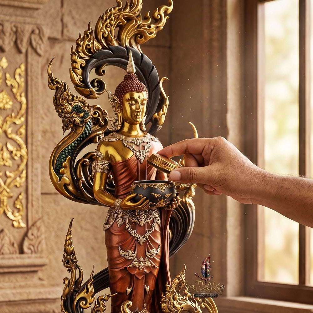 Authentic Sacred Museum-Grade Large Altar Statue "Phra Buddha Chariyawat Um Bat Prod Venai Yasat" (Standing Alms-Bowl Buddha Posture - 97 cm / 38 Inches with Genuine Marble Base) Thai Blessing Co By RURUECHA