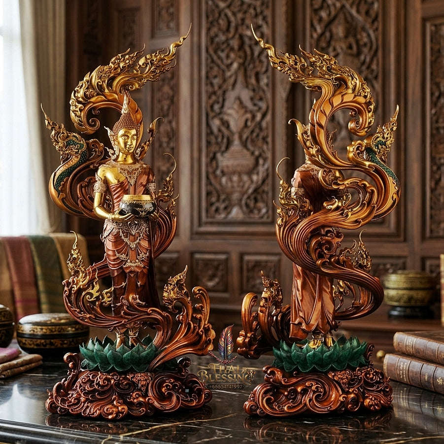Authentic Sacred Museum-Grade Large Altar Statue "Phra Buddha Chariyawat Um Bat Prod Venai Yasat" (Standing Alms-Bowl Buddha Posture - 97 cm / 38 Inches with Genuine Marble Base) Thai Blessing Co By RURUECHA