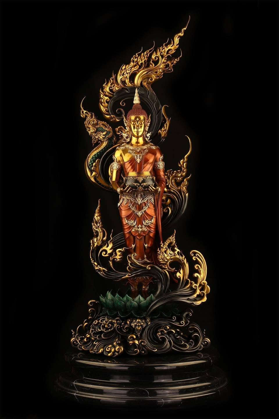 Authentic Sacred Museum-Grade Large Altar Statue "Phra Buddha Chariyawat Um Bat Prod Venai Yasat" (Standing Alms-Bowl Buddha Posture - 97 cm / 38 Inches with Genuine Marble Base) Thai Blessing Co By RURUECHA
