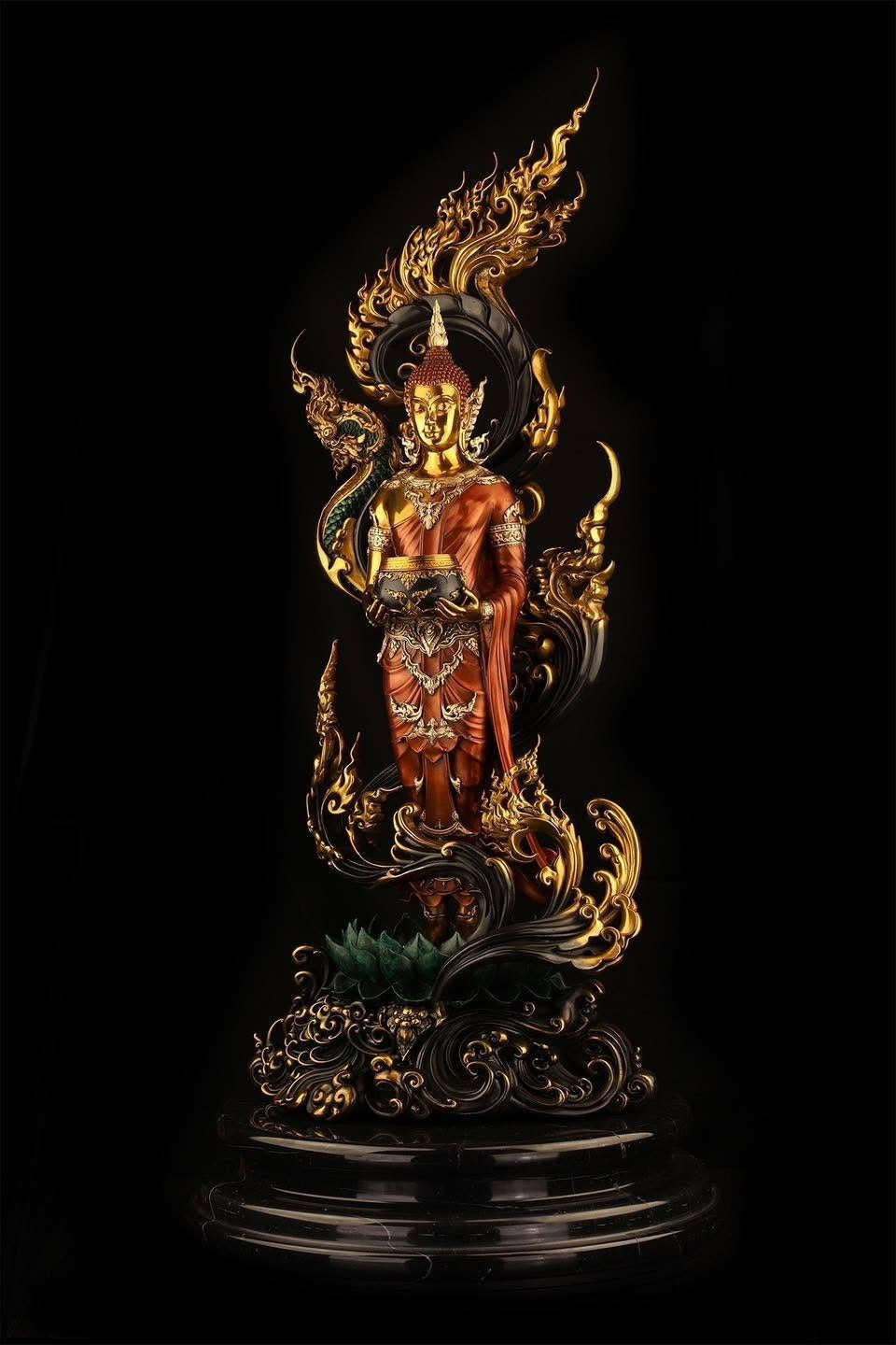 Authentic Sacred Museum-Grade Large Altar Statue "Phra Buddha Chariyawat Um Bat Prod Venai Yasat" (Standing Alms-Bowl Buddha Posture - 97 cm / 38 Inches with Genuine Marble Base) Thai Blessing Co By RURUECHA