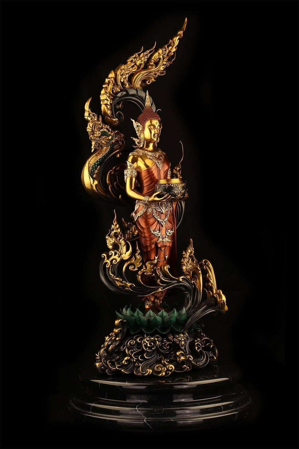 Authentic Sacred Museum-Grade Large Altar Statue "Phra Buddha Chariyawat Um Bat Prod Venai Yasat" (Standing Alms-Bowl Buddha Posture - 97 cm / 38 Inches with Genuine Marble Base) Thai Blessing Co By RURUECHA