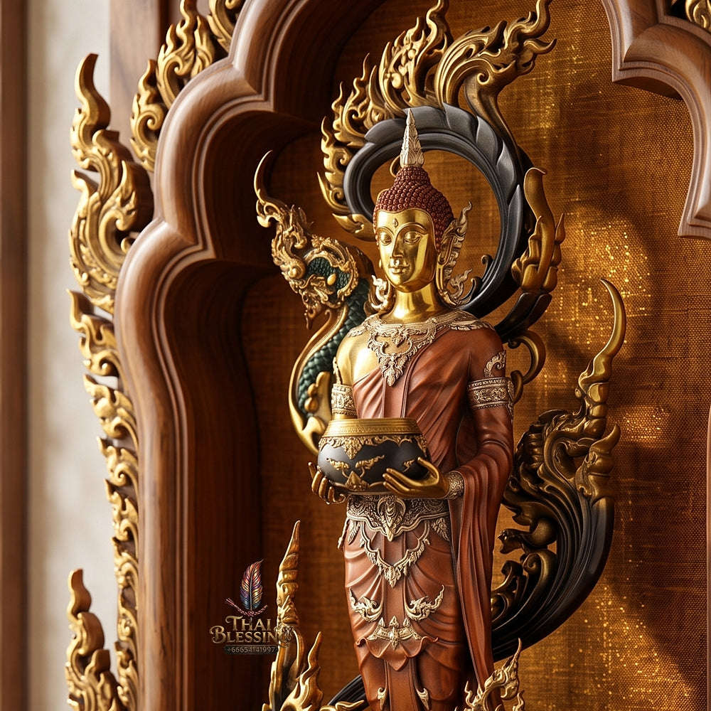 Authentic Sacred Museum-Grade Large Altar Statue "Phra Buddha Chariyawat Um Bat Prod Venai Yasat" (Standing Alms-Bowl Buddha Posture - 97 cm / 38 Inches with Genuine Marble Base) Thai Blessing Co By RURUECHA