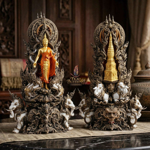 Authentic Sacred Museum-Grade Thai Fine Art Statue "Phra Open World" (Phra Pang Poed Lok - Phanom Naka Edition) 5 Inch Altar Size Satin Antiqued Nawa Loha with Real Gold Plated Buddha Image & Mini That Phanom Reliquary on Back Thai Blessing Co