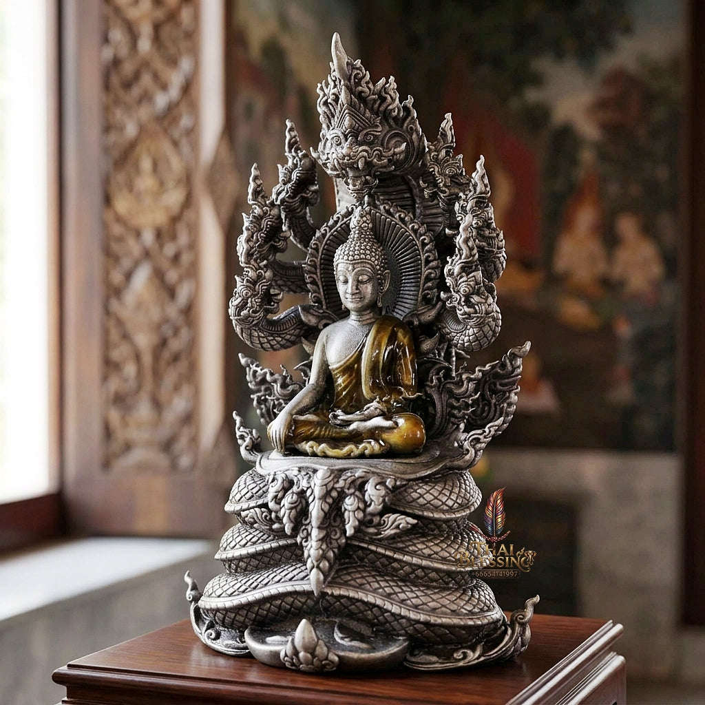 Authentic Sacred Phra Nakprok Phra Buddha Sri Sattanakaraj Phitak Protector Amulet (White Bronze Silver Satin Finish with Sacred Enamel Detailing - Item 1.11) Thai Blessing Co By RURUECHA