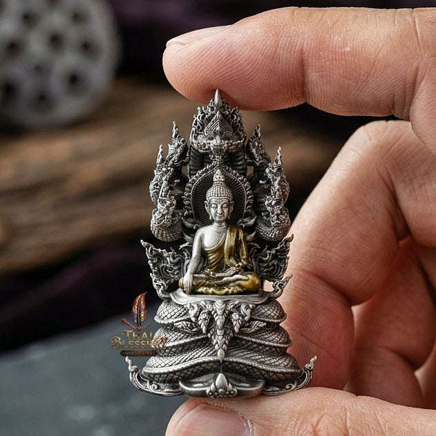 Authentic Sacred Phra Nakprok Phra Buddha Sri Sattanakaraj Phitak Protector Amulet (White Bronze Silver Satin Finish with Sacred Enamel Detailing - Item 1.11) Thai Blessing Co By RURUECHA