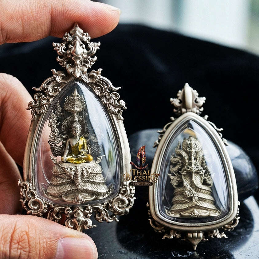 Authentic Sacred Phra Nakprok Phra Buddha Sri Sattanakaraj Phitak Protector Amulet (White Bronze Silver Satin Finish with Sacred Enamel Detailing - Item 1.11) Thai Blessing Co By RURUECHA