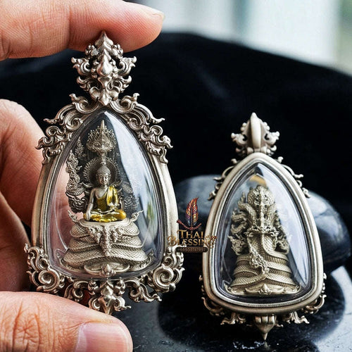 Authentic Sacred Phra Nakprok Phra Buddha Sri Sattanakaraj Phitak Protector Amulet (White Bronze Silver Satin Finish with Sacred Enamel Detailing - Item 1.11) Thai Blessing Co By RURUECHA