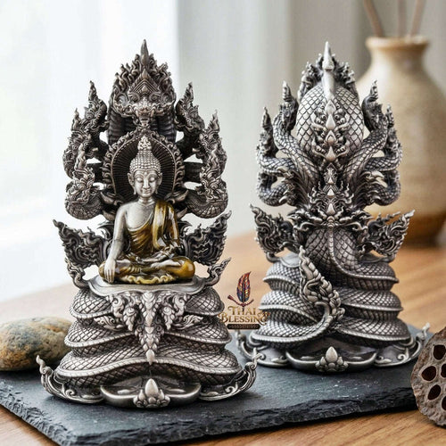 Authentic Sacred Phra Nakprok Phra Buddha Sri Sattanakaraj Phitak Protector Amulet (White Bronze Silver Satin Finish with Sacred Enamel Detailing - Item 1.11) Thai Blessing Co By RURUECHA