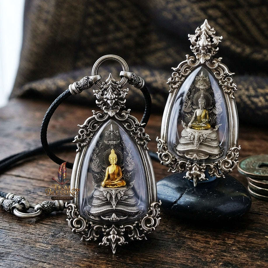 Authentic Sacred Phra Nakprok Phra Buddha Sri Sattanakaraj Phitak Protector Amulet (White Bronze Silver Satin Finish with Sacred Enamel Detailing - Item 1.11) Thai Blessing Co By RURUECHA