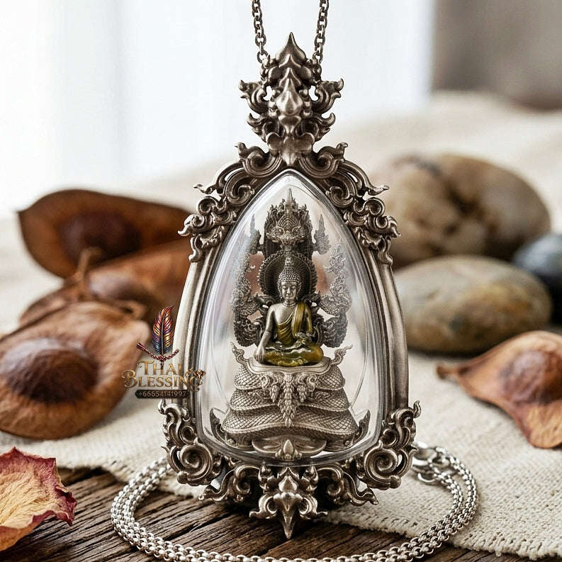 Authentic Sacred Phra Nakprok Phra Buddha Sri Sattanakaraj Phitak Protector Amulet (White Bronze Silver Satin Finish with Sacred Enamel Detailing - Item 1.11) Thai Blessing Co By RURUECHA