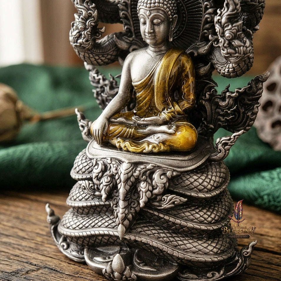 Authentic Sacred Phra Nakprok Phra Buddha Sri Sattanakaraj Phitak Protector Amulet (White Bronze Silver Satin Finish with Sacred Enamel Detailing - Item 1.11) Thai Blessing Co By RURUECHA