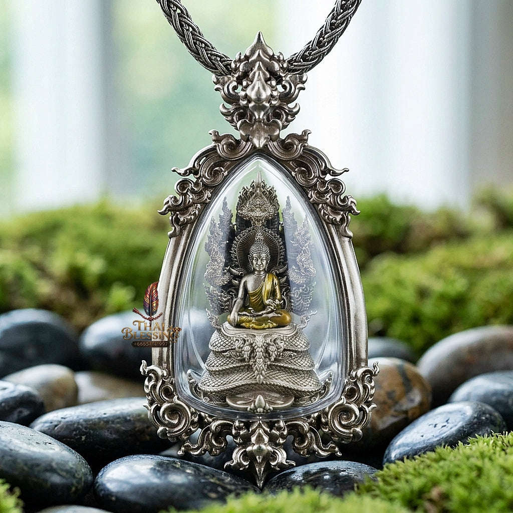 Authentic Sacred Phra Nakprok Phra Buddha Sri Sattanakaraj Phitak Protector Amulet (White Bronze Silver Satin Finish with Sacred Enamel Detailing - Item 1.11) Thai Blessing Co By RURUECHA