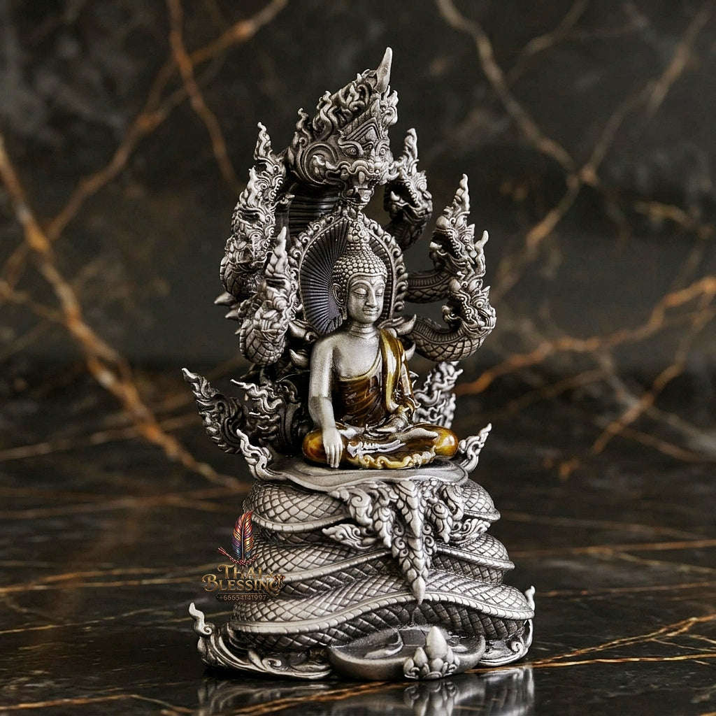 Authentic Sacred Phra Nakprok Phra Buddha Sri Sattanakaraj Phitak Protector Amulet (White Bronze Silver Satin Finish with Sacred Enamel Detailing - Item 1.11) Thai Blessing Co By RURUECHA