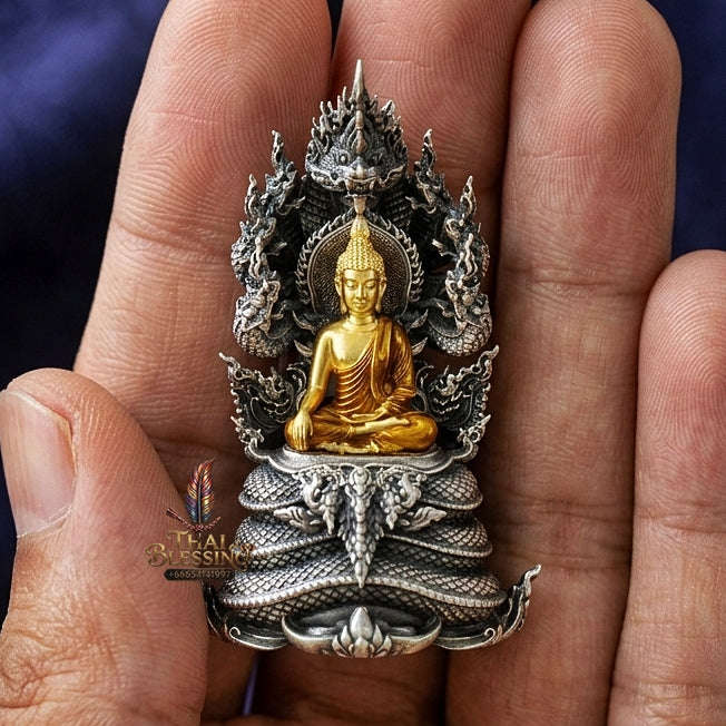 Authentic Sacred Phra Nakprok Phra Buddha Sri Sattanakaraj Phitak Protector Amulet (White Bronze Silver Satin Plated with Gold & Enamel Buddha - Item 1.7) Thai Blessing Co By RURUECHA