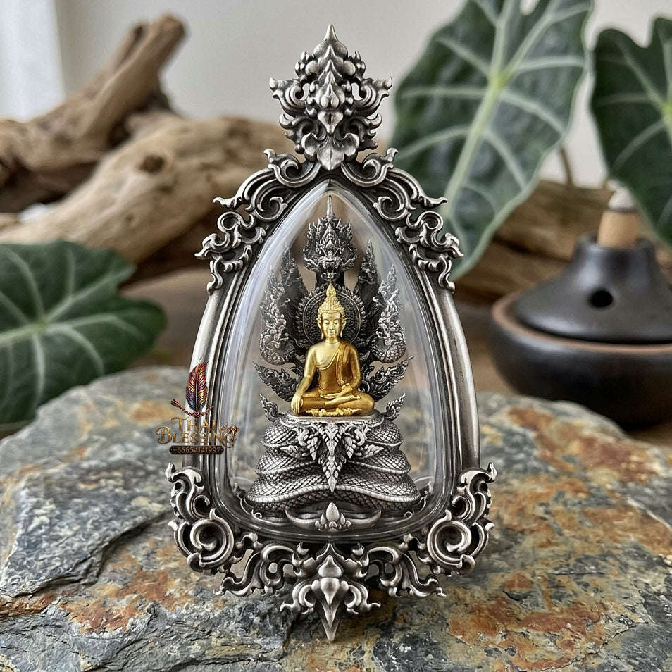 Authentic Sacred Phra Nakprok Phra Buddha Sri Sattanakaraj Phitak Protector Amulet (White Bronze Silver Satin Plated with Gold & Enamel Buddha - Item 1.7) Thai Blessing Co By RURUECHA