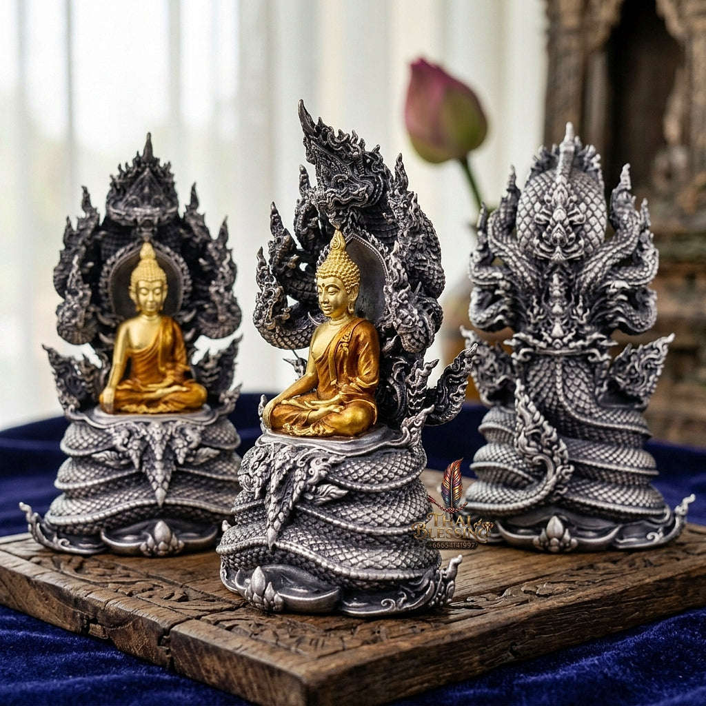 Authentic Sacred Phra Nakprok Phra Buddha Sri Sattanakaraj Phitak Protector Amulet (White Bronze Silver Satin Plated with Gold & Enamel Buddha - Item 1.7) Thai Blessing Co By RURUECHA