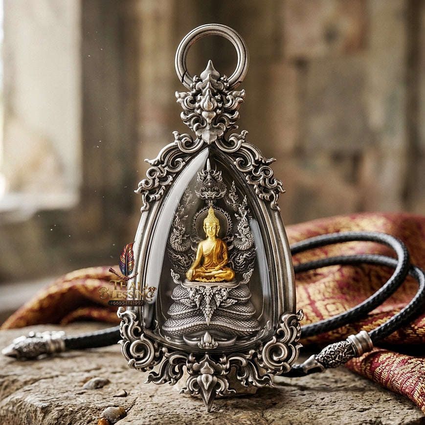 Authentic Sacred Phra Nakprok Phra Buddha Sri Sattanakaraj Phitak Protector Amulet (White Bronze Silver Satin Plated with Gold & Enamel Buddha - Item 1.7) Thai Blessing Co By RURUECHA