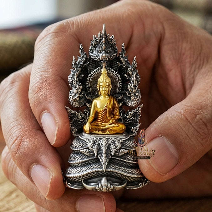 Authentic Sacred Phra Nakprok Phra Buddha Sri Sattanakaraj Phitak Protector Amulet (White Bronze Silver Satin Plated with Gold & Enamel Buddha - Item 1.7) Thai Blessing Co By RURUECHA