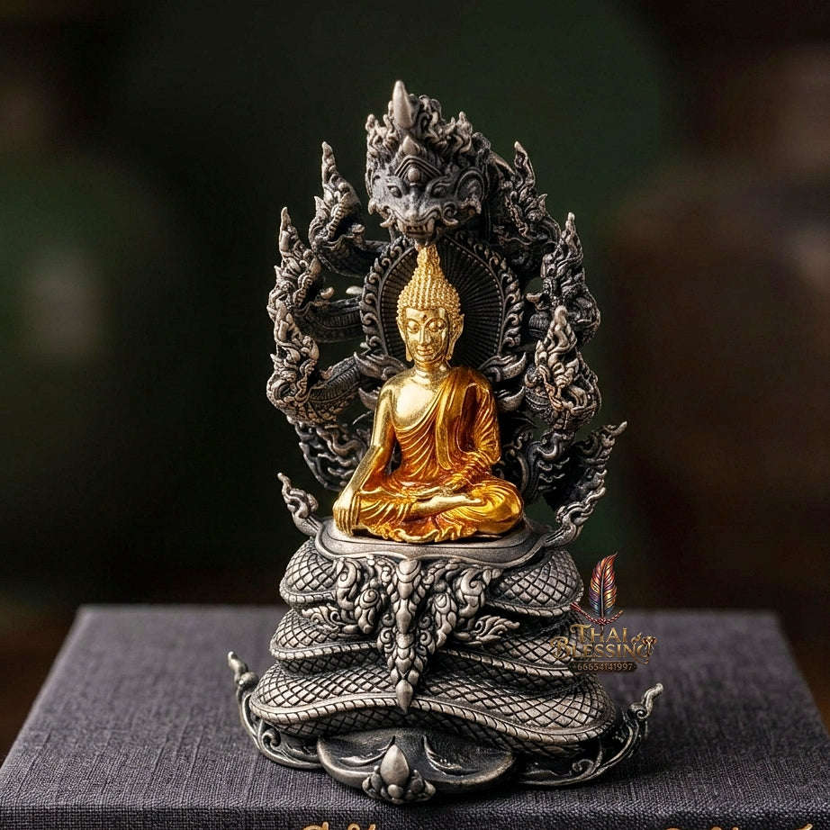 Authentic Sacred Phra Nakprok Phra Buddha Sri Sattanakaraj Phitak Protector Amulet (White Bronze Silver Satin Plated with Gold & Enamel Buddha - Item 1.7) Thai Blessing Co By RURUECHA